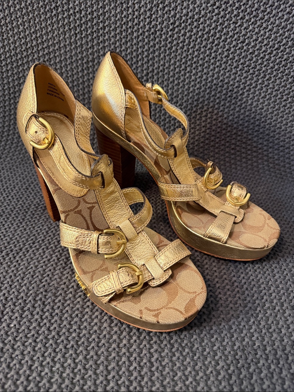 Coach Gold Leather & Signature Canvas Platform Heels